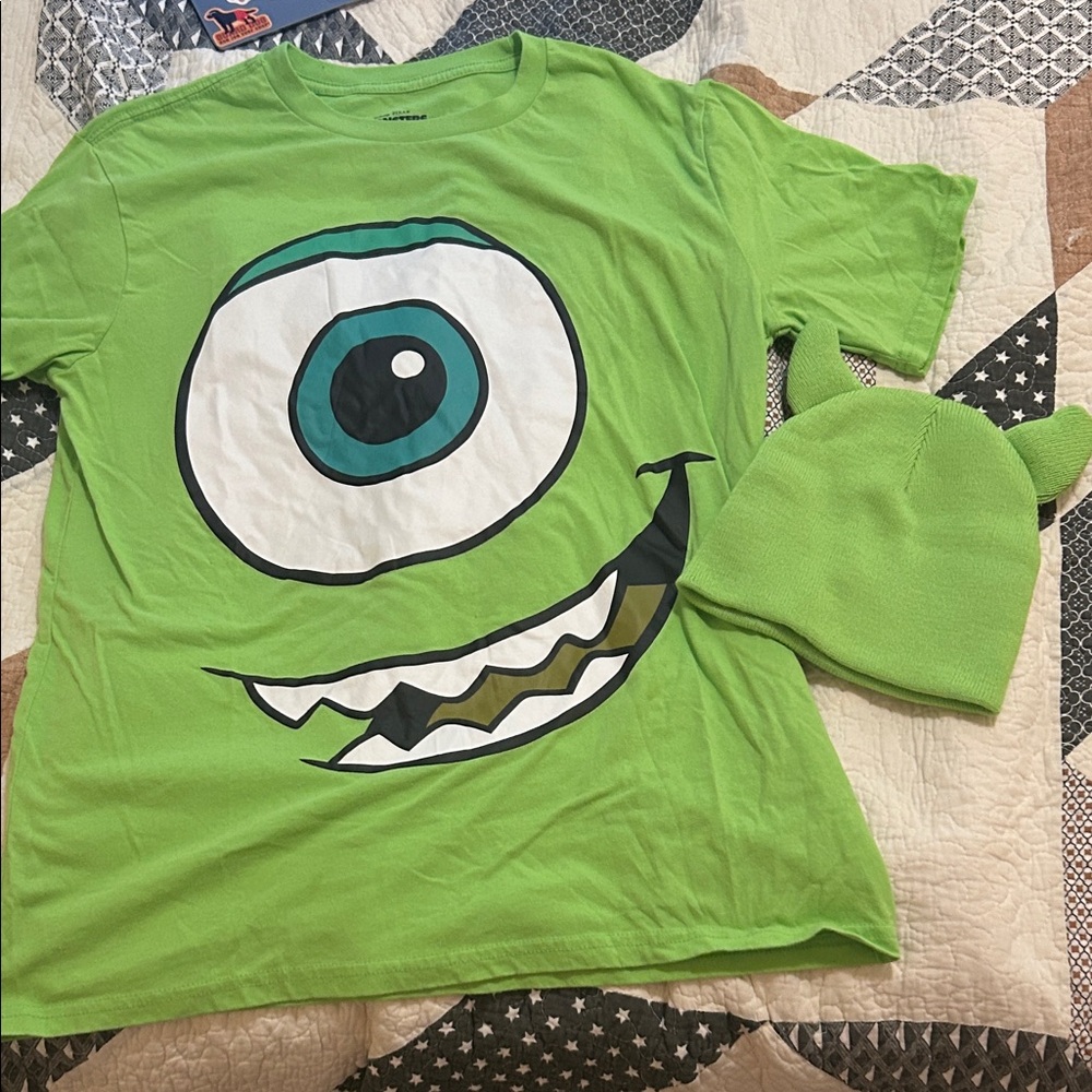 Green Monster Face T-Shirt and Hat Set Monsters Inc. Mike Wazowski Halloween Cos